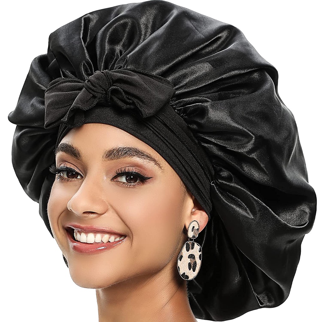 Ready Stock】New Large Satin Bonnet Silk Night Sleeping Cap Long