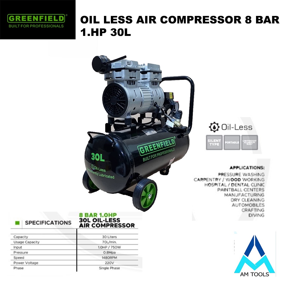 OIL LESS AIR COMPRESSOR SILENT TYPE AIR COMPRESSOR 8 BAR 1.0HP 30L Tire