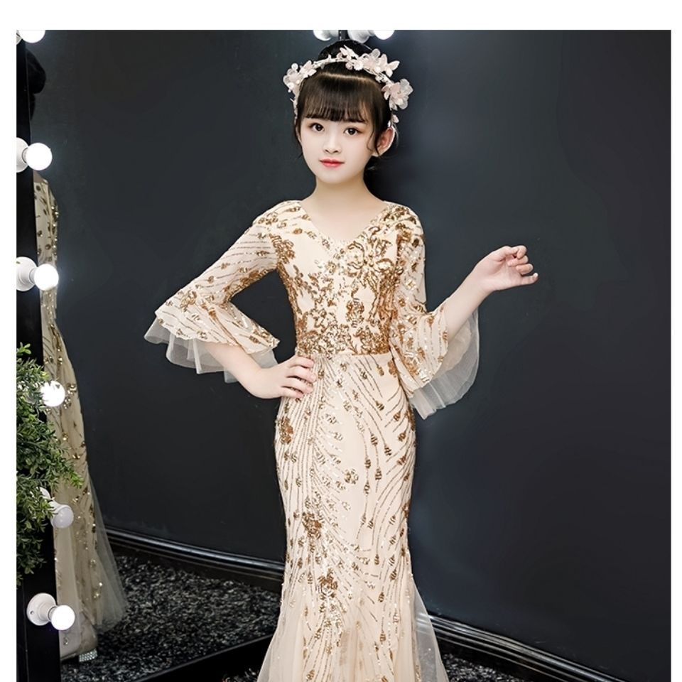 Kid luxury wedding dress children girl evening gold sequin bodycon ...