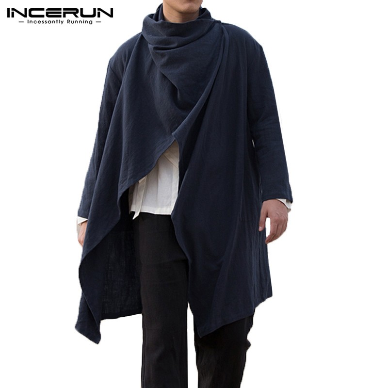 INCERUN Men's Cotton Linen Solid Color Long Cloak Hip Hop Cardigan ...