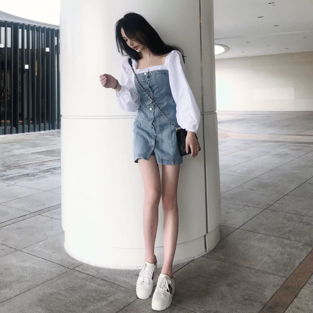 Korean Fashion Square Neck Mock Button Down Denim Dress Shopee