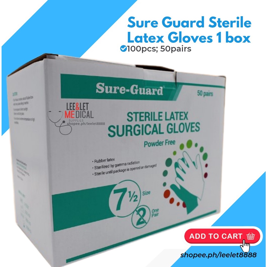 Sure Guard Sterile Latex Gloves 1 box (100pcs; 50pairs) | Shopee ...