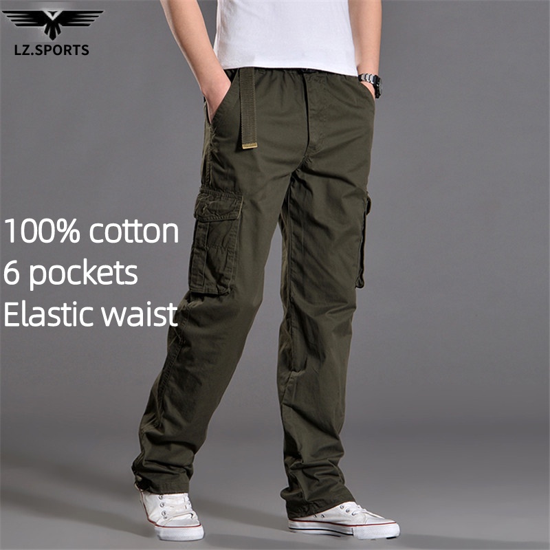 Mens Cotton Plus Size Cargo Pants Tie Bottom Hiking Trousers with