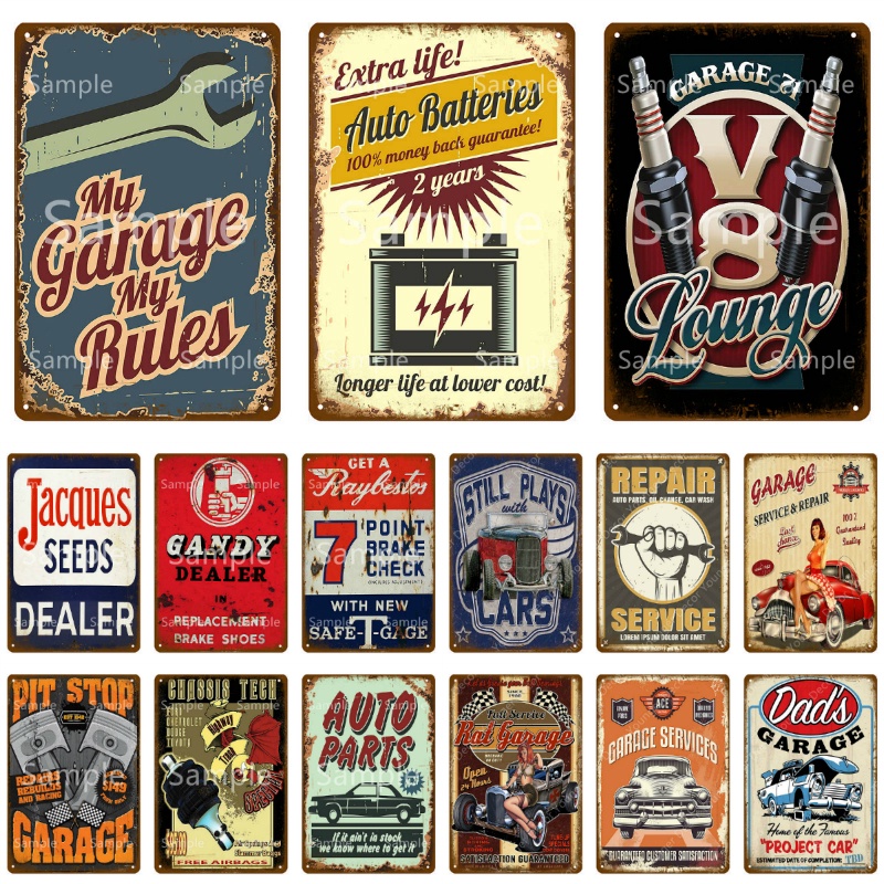 Vintage V8 Lounge Garage Decor Cars Metal Tin Signs Garage Rules Gas ...
