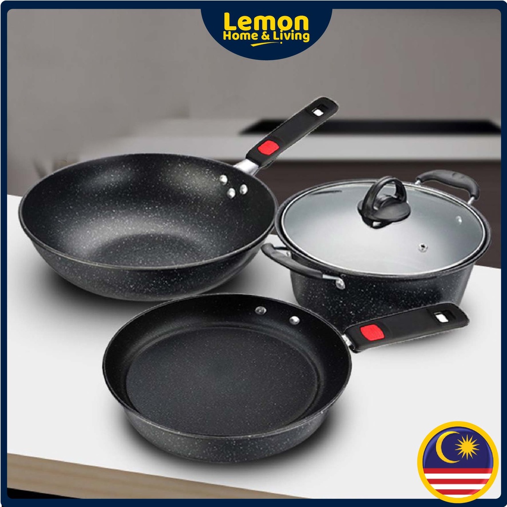 3 in 1 Mai Fan Stone Non-stick Cookware Set Wok Pan Pot Set Periuk Non ...