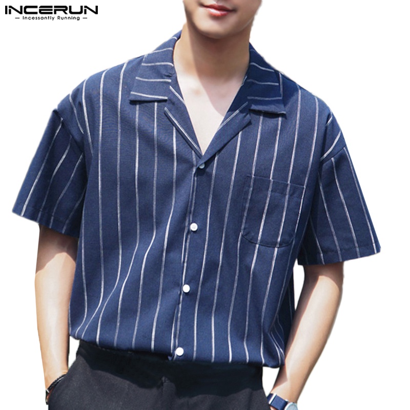 INCERUN Men Smart Casual Striped Short Sleeve Button Up Collared Shirts ...