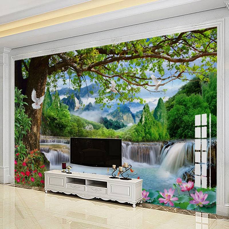 Custom Wall Murals Green Big Tree Forest Waterfall Nature Landscape 3D ...