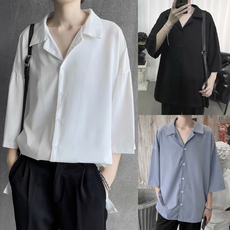 Black White Shirt Menswear Thin Short Sleeve Shirt Summer Cropped Sleeves Shopee Philippines 2658