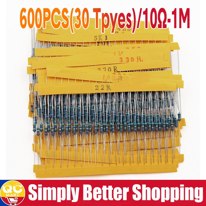 600pcs/set 30 Kinds 1/4W Resistance 1 Metal Film Resistor Pack