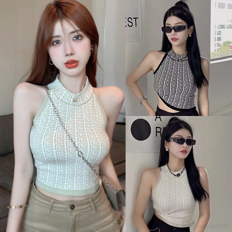 Womens Halter Vest Letter Print Korean Knit Sexy Crop Camisole Shopee Philippines 6544