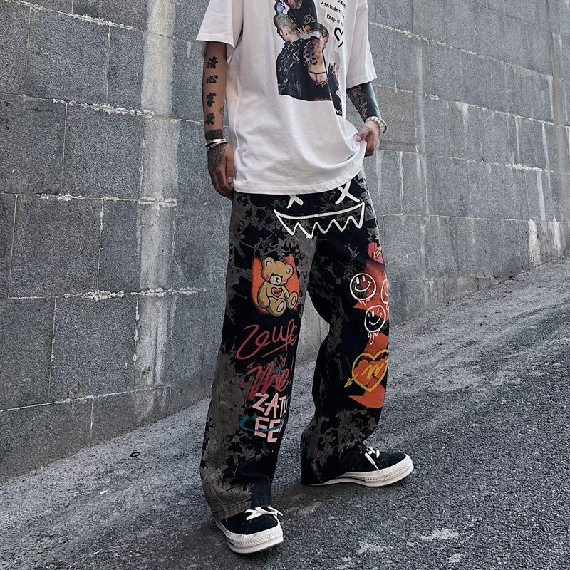 Graffiti Print Tie Dye Black Vintage Men Baggy Jeans Pants Hip Hop ...