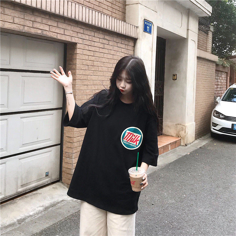 40 150kg Plus Size Korean Street Style Women T shirt Oversized Round Neck Short Sleeves Letter Milk Printed Tee Big Size Summer Maternity Casual Top Fashion Fat Size Medium Long Length T shirt Dress P...