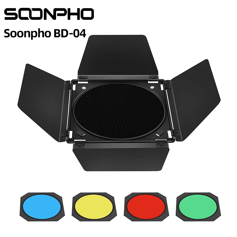 SOONPHO BD04 Bowens Mount Barn Door Grid + 4Color filter Kits For Godox SK400ii
