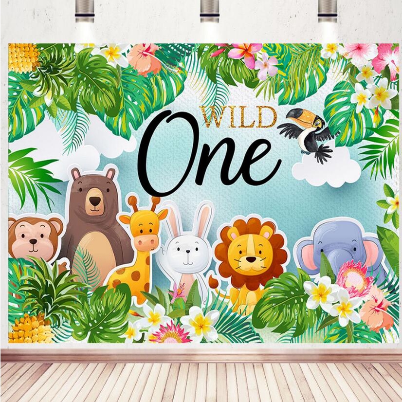 Jungle Animals Backdrop Wild One Theme Banner Flowers Palm Leaves ...