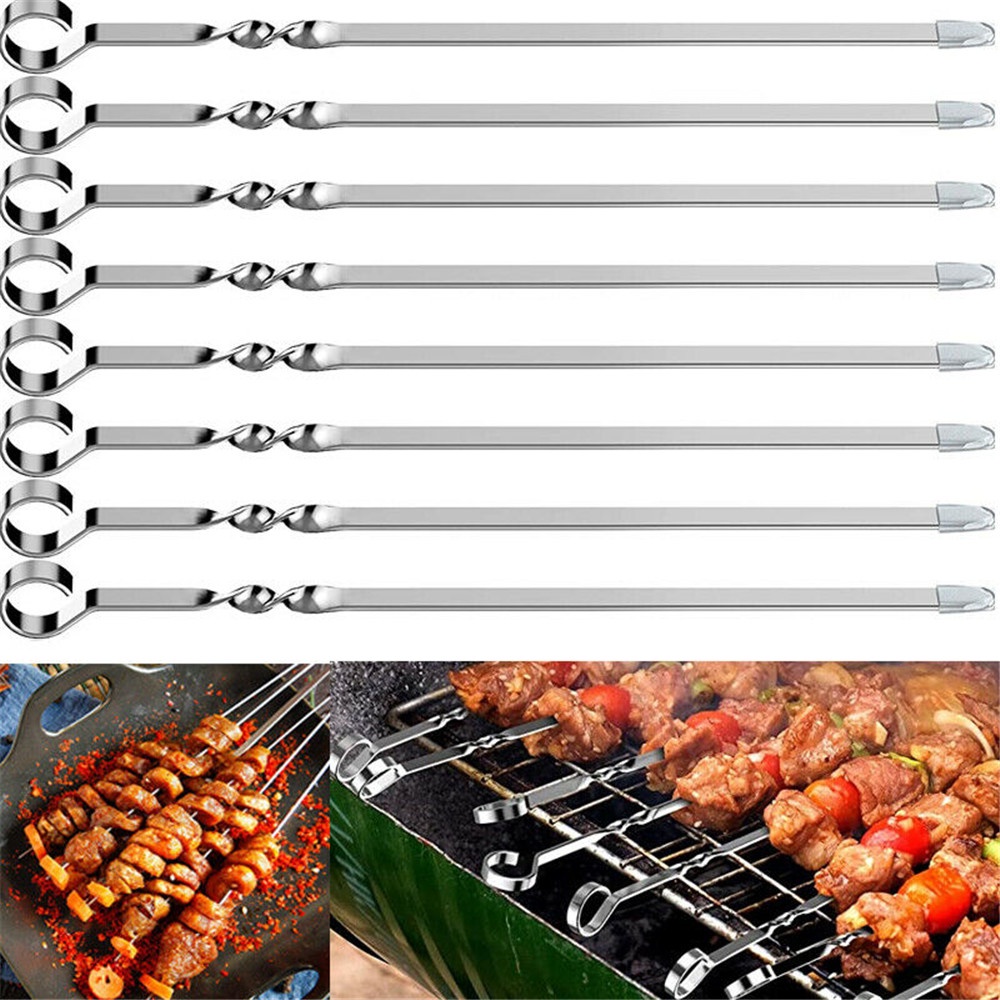 12PCS Kabob Skewers Flat Metal BBQ Barbecue Skewer Stainless Steel