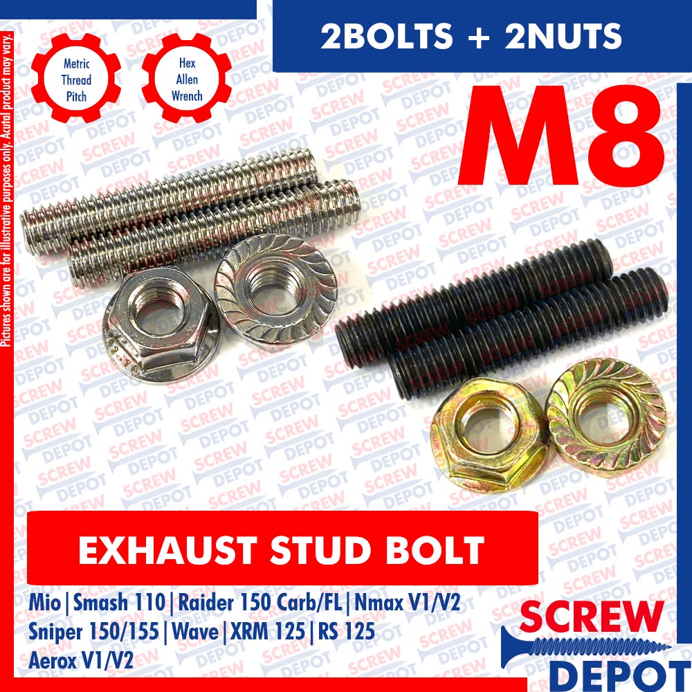 2SETS M8 Exhaust Stud Bolt Mio/Smash/Raider/Carb/Nmax/Sniper/Wave/XRM