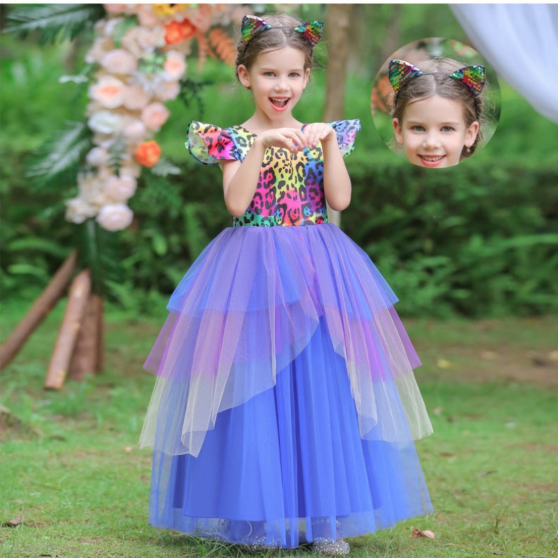 Halloween Princess Dress with headband Holiday Dress Up Masquerade Cosplay Cosmetic kids corlorful ball gown long dress birthday party wedding