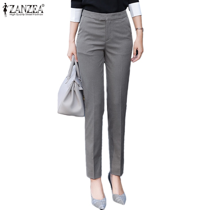 ZANZEA Womens Formal Chino Trousers Plain Legging Slim Fit Office Long ...