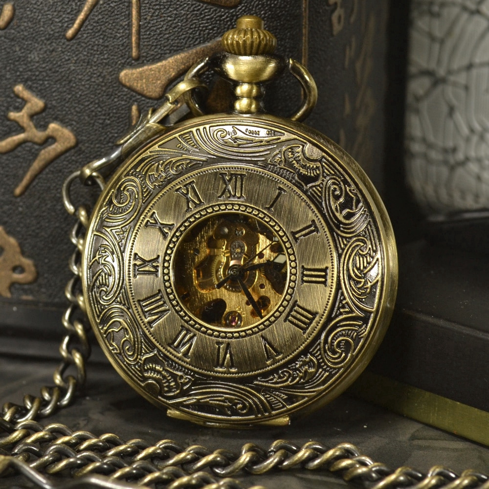 TIEDAN Bronze Steampunk Skeleton Mechanical Pocket Watch Men Antique Luxury  Brand Necklace Pocket Fob Watches Chain Male Clock
