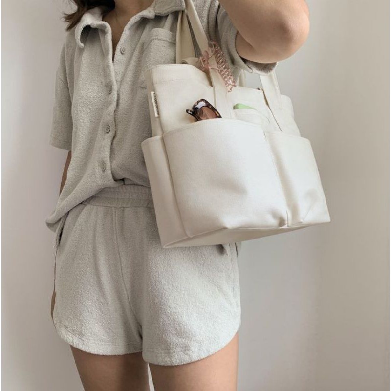 Ready Stock Organic Eco friendly multi Pocket Canvas Tote Bag