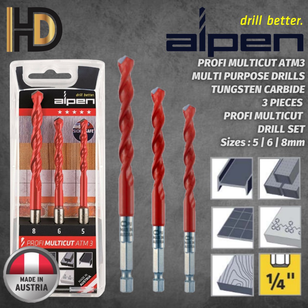ALPEN PROFI MULTICUT ATM3 3 Pieces Multi Purpose Drills Tungsten