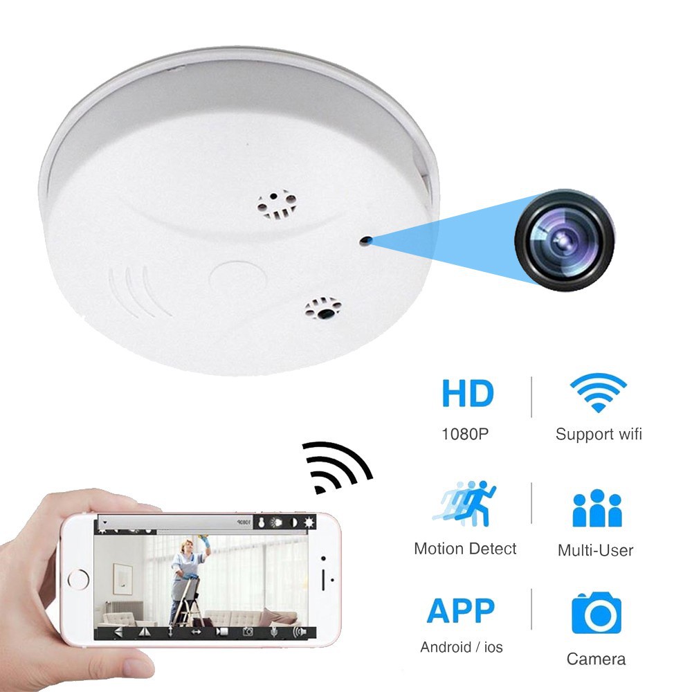 WiFi Smoke Alarm Camera Ceiling Fire Detector Wireless Cam 1080P Home ...