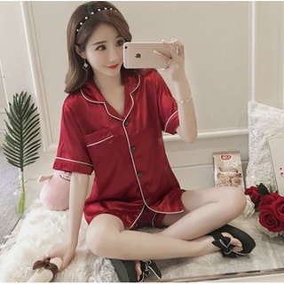 Silk Satin Pajama Set Sleepwear Blouse Shorts Terno Night Wear Lounge Wear  Women