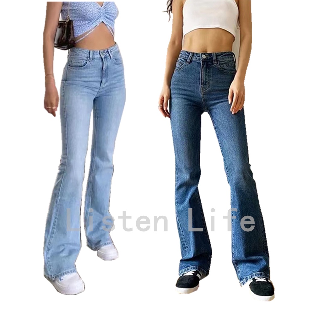 Korean Fashion High Waist Bootcut Flare Pants Retro Jeans Stretchable ...