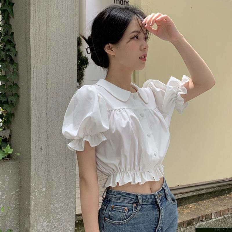 Women Blouse short Puff Sleeve Button down Doll Collar Casual T