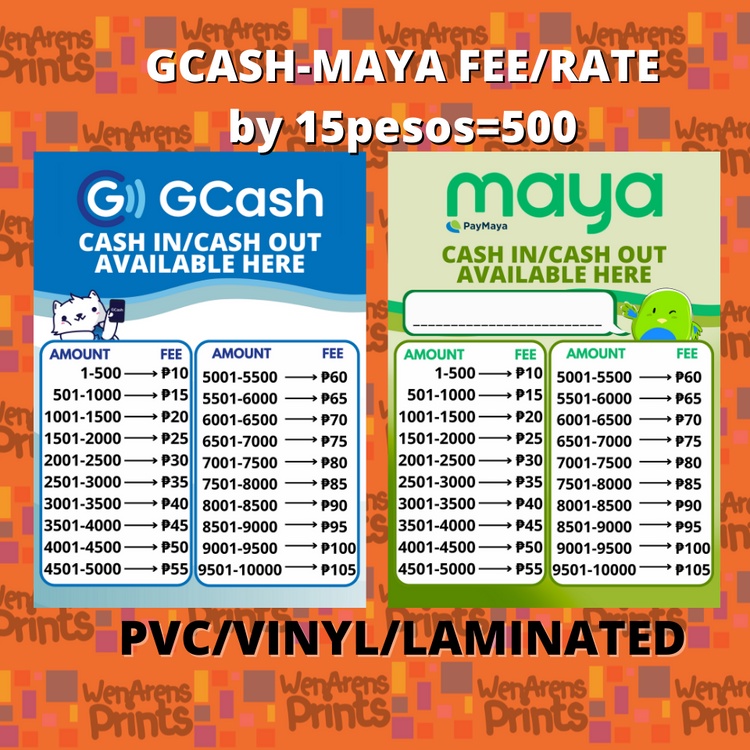 Gcash fee Rate Charge 15 PER 500 Interval Wall Sticker , Laminated
