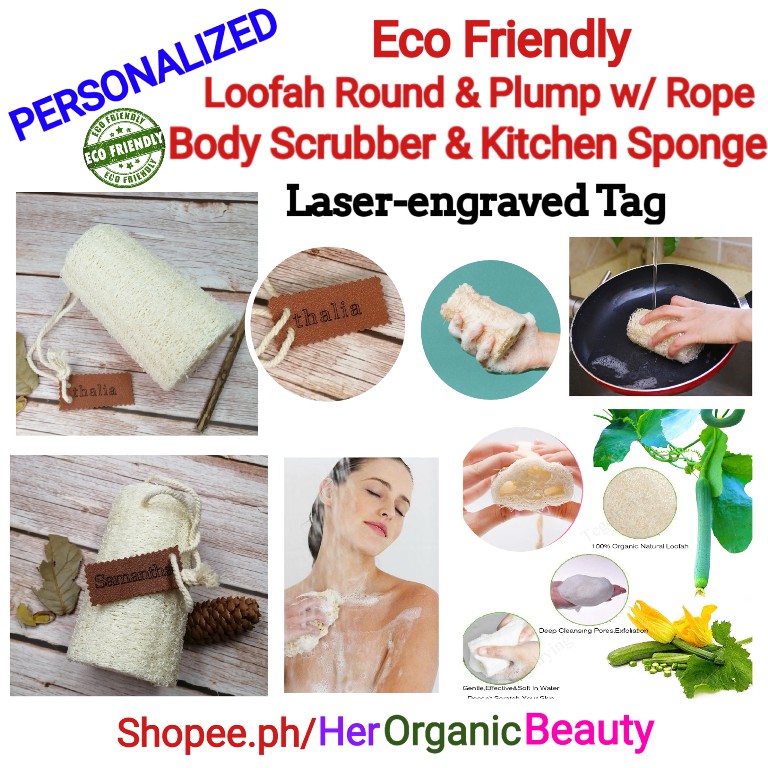 LASER ENGRAVED Personalized Loofah Round & Plump w/ Rope Body Scrubber ...