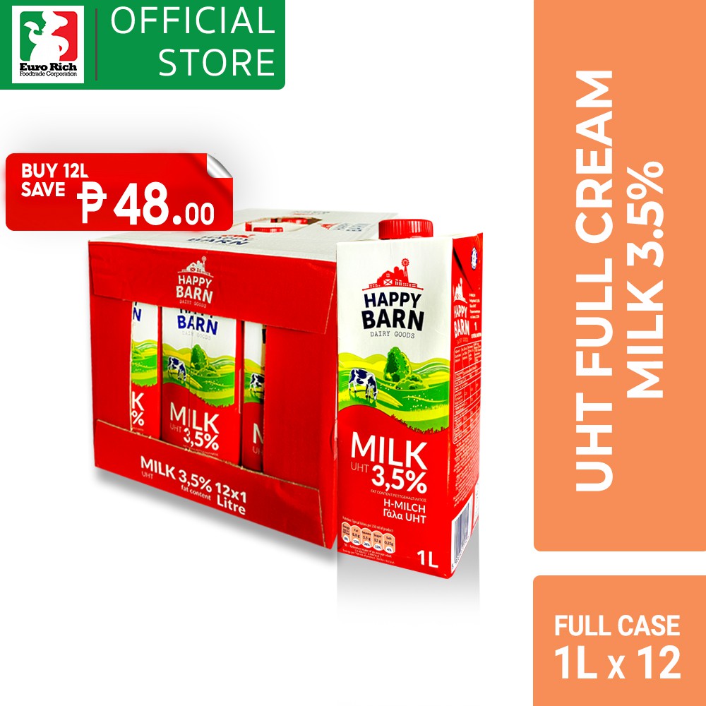 Happy Barn UHT Full Cream Milk 3.5% Full Case 12 x 1L (DD/MM/YY ...
