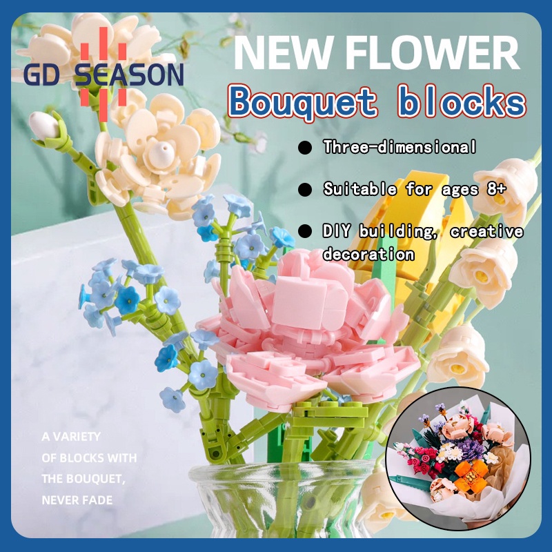 GD Building Blocks Three-dimensional Flower Bouquet DIY Creative Rose ...