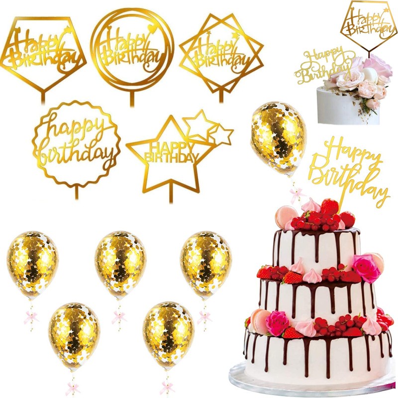 10pcs Gold Cake Topper Acrylic & Mini Confetti Balloons Cake Topper ...