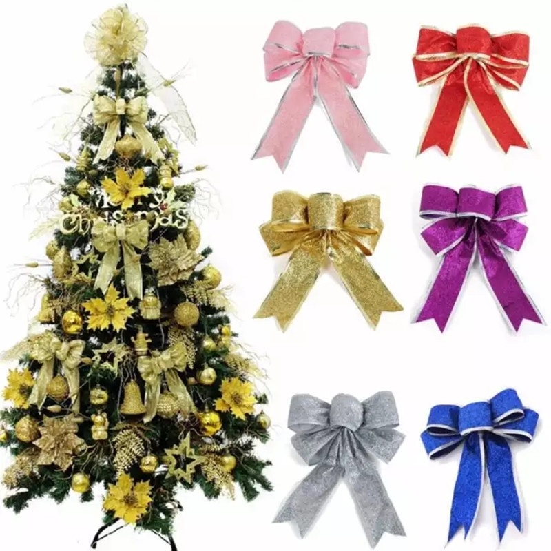 5Pcs 24cm Christmas Bows Decoration Christmas Ornament Glitter Powder ...