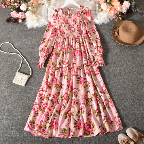 chiffon dress women vintage floral printed long dresses spring summer long sleeve loose oversize dress Shopee Philippines