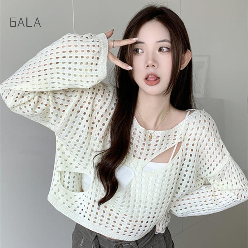Hollow Tops for Women Summer Suspender Outer Blouse Loose Long-sleeved ...