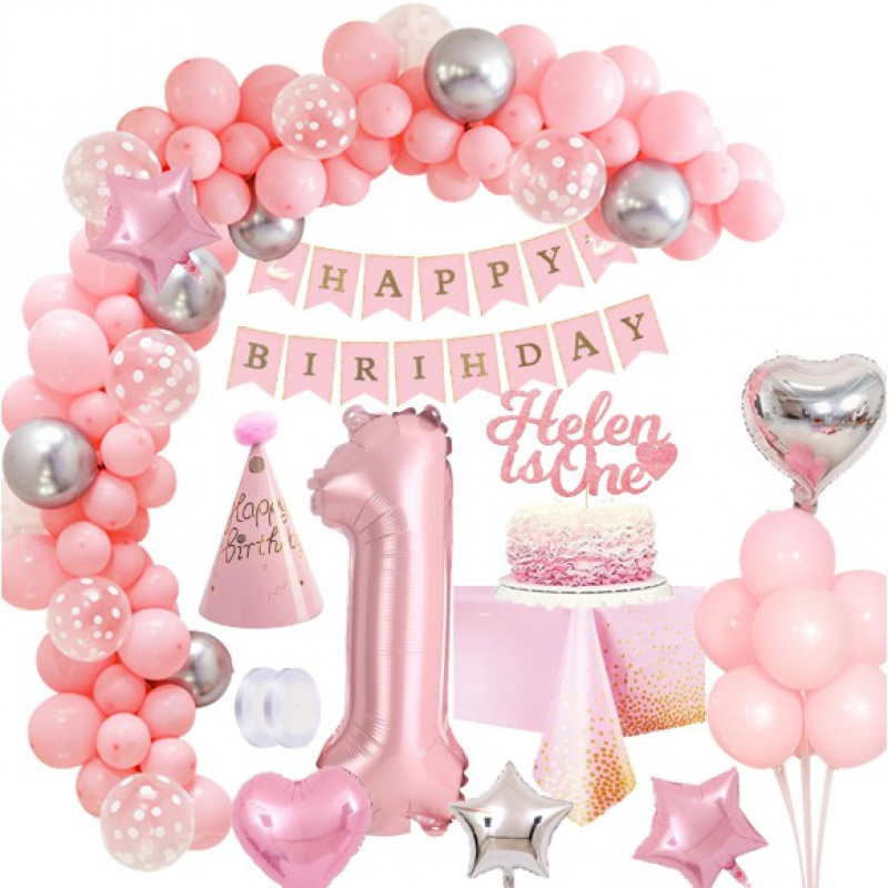 [Set] Girl's 1st birthday balloon decoration, happy birthday banner ...