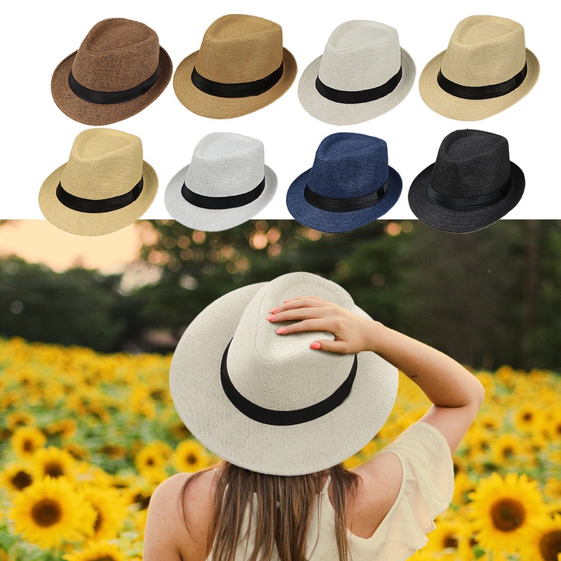Unisex Summer Straw Fedora Hat Trilby Cuban Sun Hat Cap Panama Short