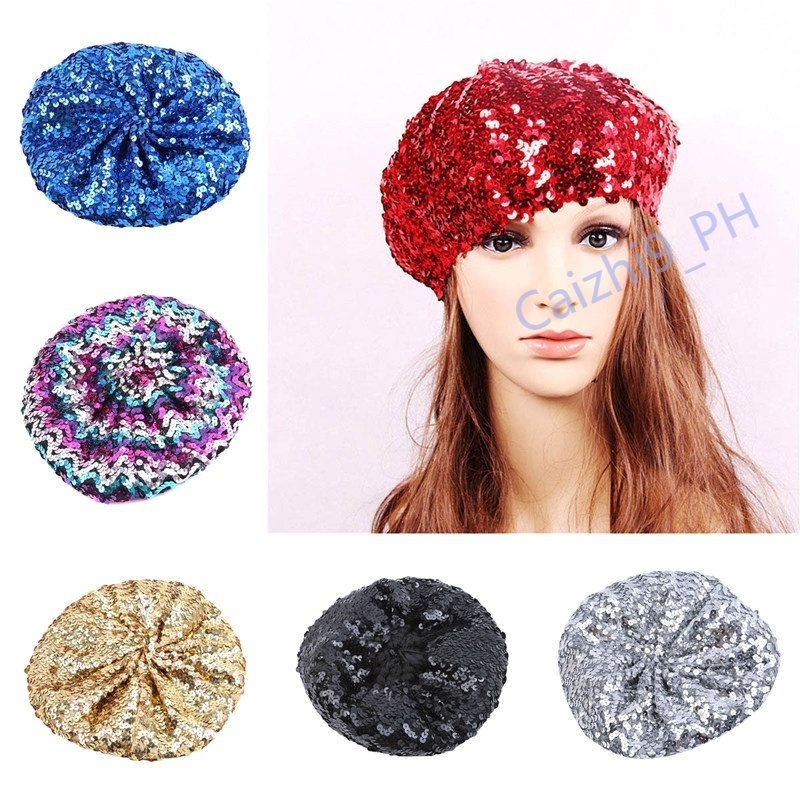 Women Fashion Sequin Beret Hats Ladies Magical Color Changing Stage Performance Cap Girl Glitter