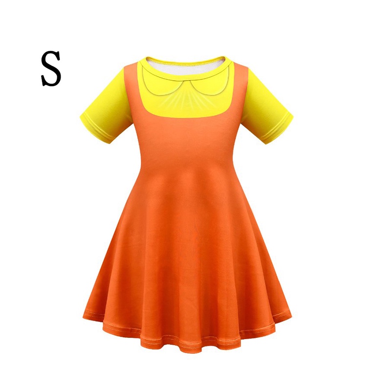 Squid Game Robot Doll Star Cosplay Dresses Scary Yellow Little Girl Kids Short Sleeve Halloween