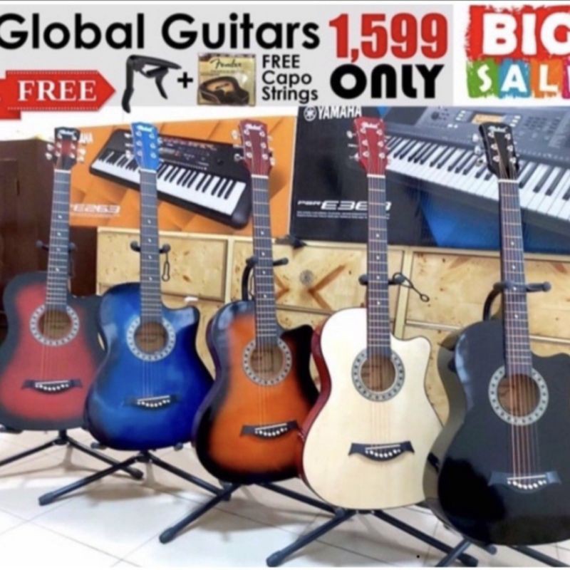 GLOBAL ACOUSTIC GUITAR with Free Bag Guitar string and Capo