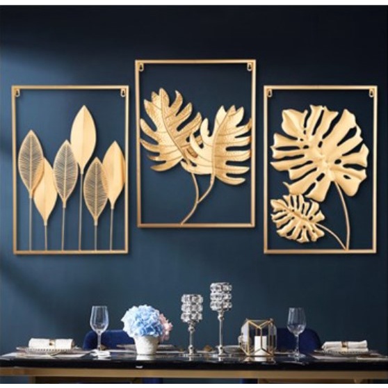 Framed Metal Wall Decor with Square Frame Leaf Art Gold Leaves For Home