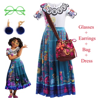 Girls Magical Encanto Mirabel Cosplay Dress with Bag Child DISNEY Movie  Madrigal Family Isabel Costume Halloween