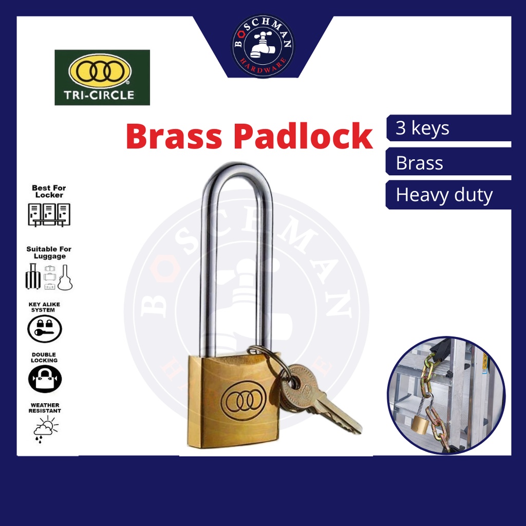 Tri-Circle Brass Padlock 3 Key Long Shackle Heavy Duty Security Pad ...