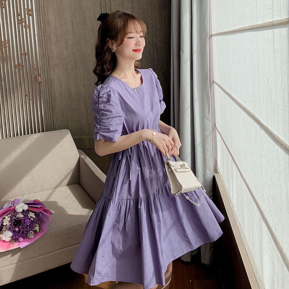 Korean version waist close show thin romantic purple pleated bubble sleeve  dress | Shopee Philippines