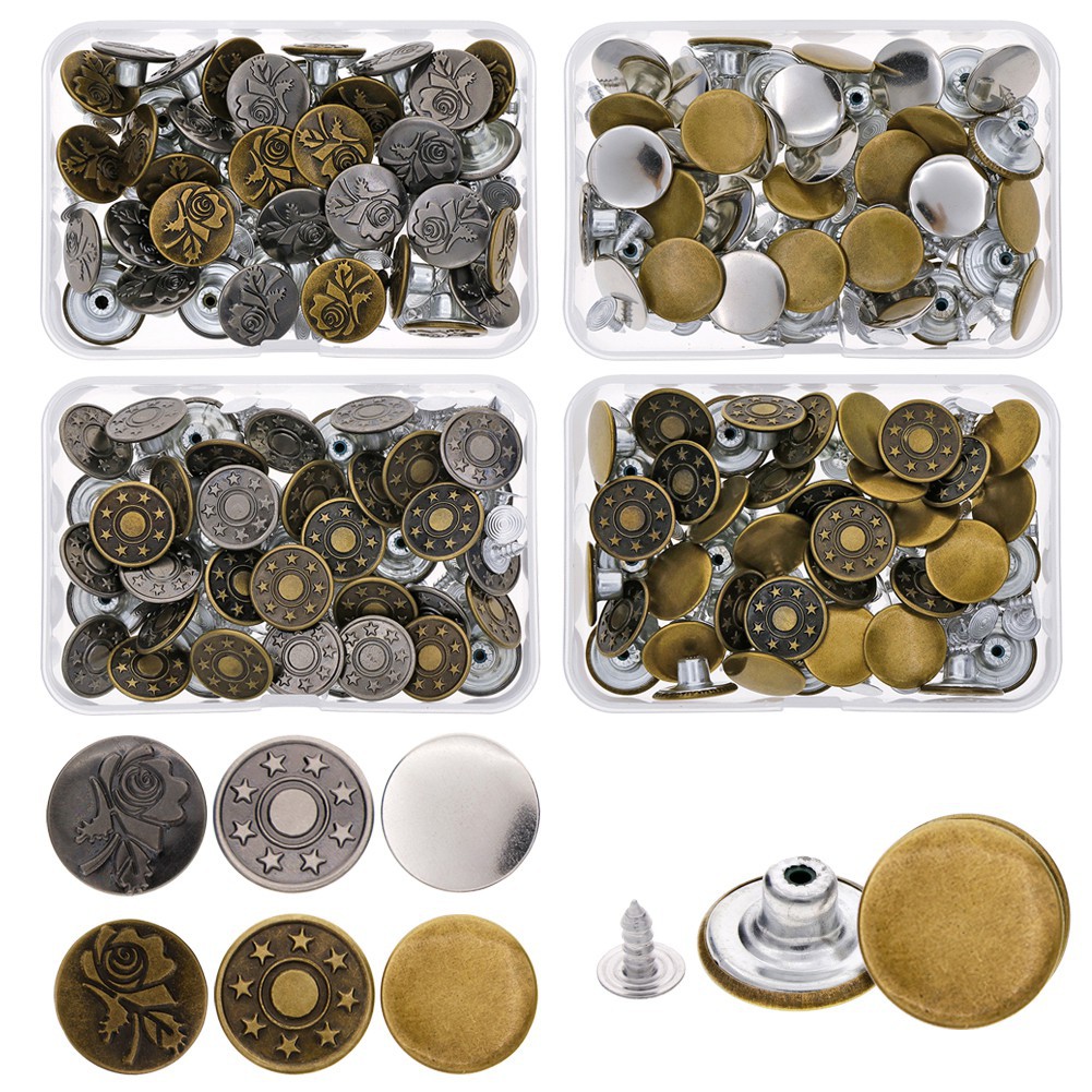 50 Sets 17mm Metal Tack Buttons For Jeans – Replacement Repair Kit With Box, Sewing Pants Nails