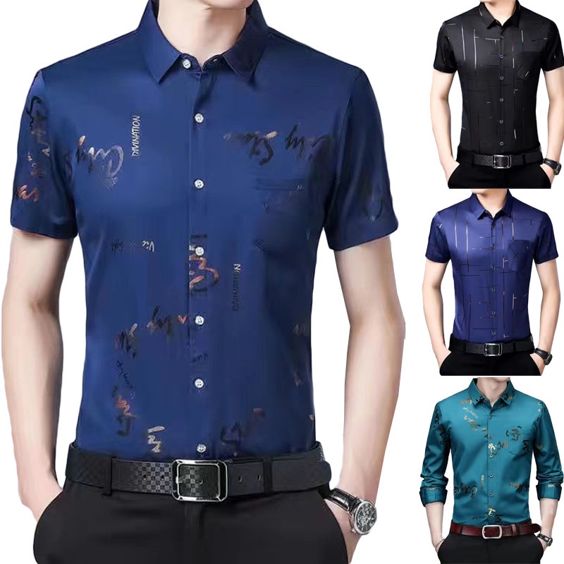 Men's Ice Silk Shirt Short Sleeve Casual Korean Style Printing T-shirt ...