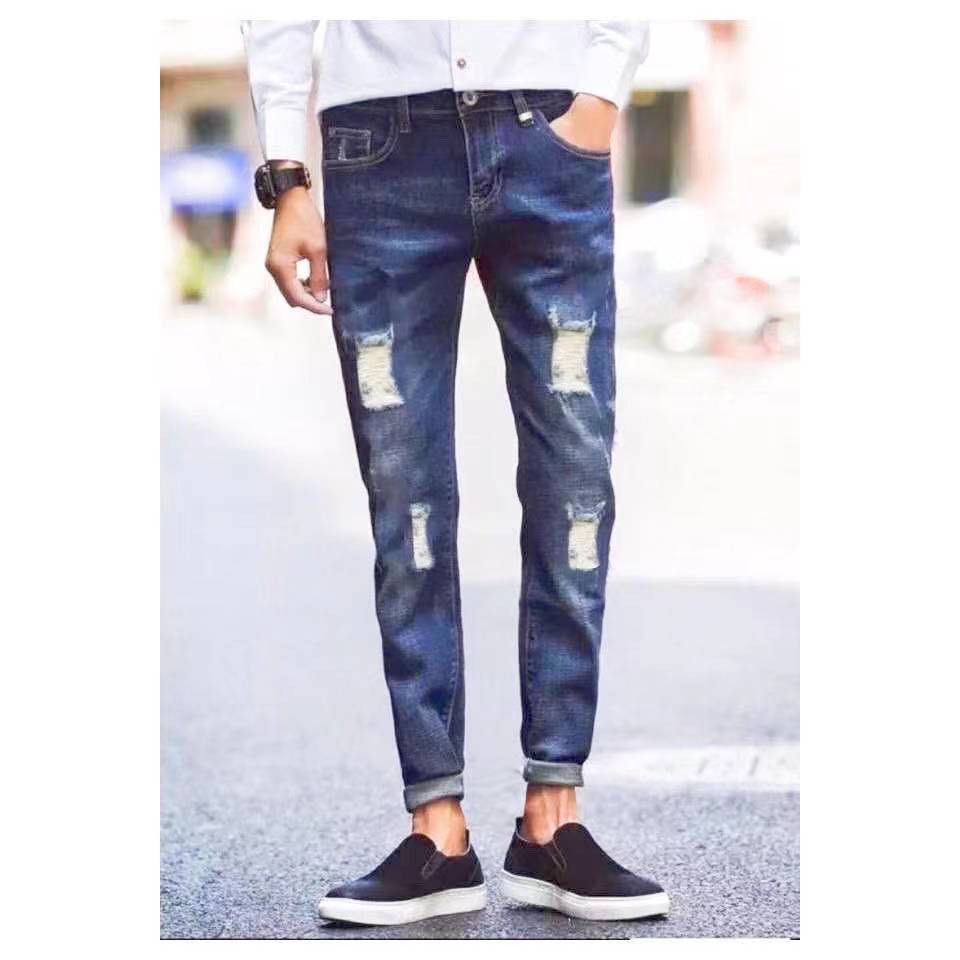 9853# Navy Blue Korean ripped jeans for Mens | Shopee Philippines
