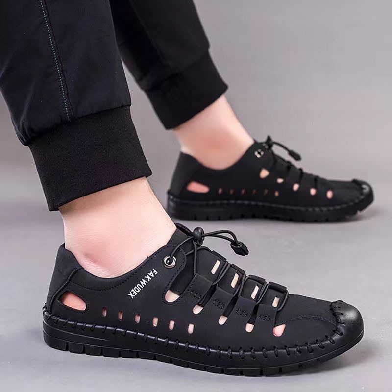 New soft bottom leather sandals leather outdoor hollow hole shoes beach  slippers outer wear - Main Image